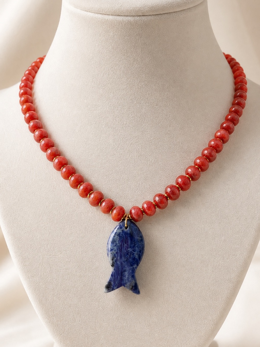 Anthropologie Orange Beaded Necklace with Blue Fish Pendant